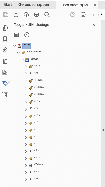 Een voorbeeld overzicht van tags in een PDF