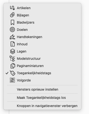 Lijst met verschillende opties voor PDF met een geselecteerd icoon Toegankelijkheidstags