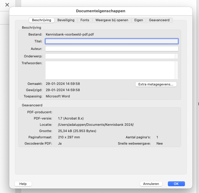 Venster met Documenteigenschappen. Het invoerveld Titel is geselecteerd.