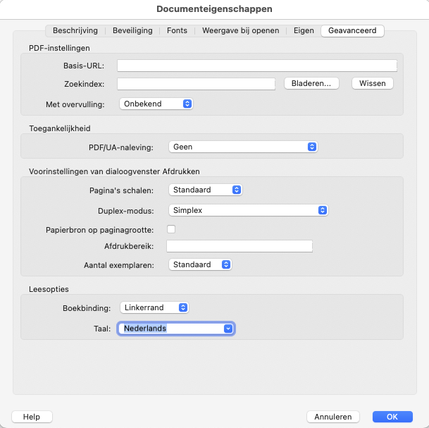 Venster Documenteigenschappen. De instelling voor Taal: Nederlands is geselecteerd.