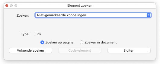 Venster Element zoeken met geselecteerd Niet-gemarkeerde koppelingen