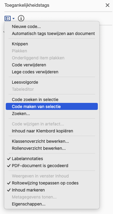 Menu Opties met geselecteerd Code maken van selectie.