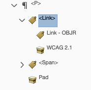 PDF code van een P met daaronder Link met Link OBJR en de linktekst WCAG 2.1 en een Span met een Pad.