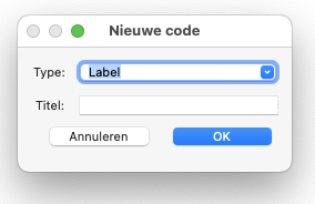 Venster Nieuwe code met optie Label geselecteerd