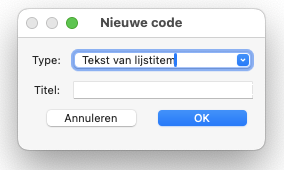 Venster Nieuwe code met optie Tekst van lijstitem geselecteerd