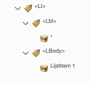 Een <LI>-markering. In deze markering een <Lbl> met een opsommingsteken en <LBody> met de tekst Lijstitem 1.