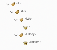 Een <L>-markering met een onderliggende <LI>. In deze markering een <Lbl> met een opsommingsteken en <LBody> met de tekst Lijstitem 1.
