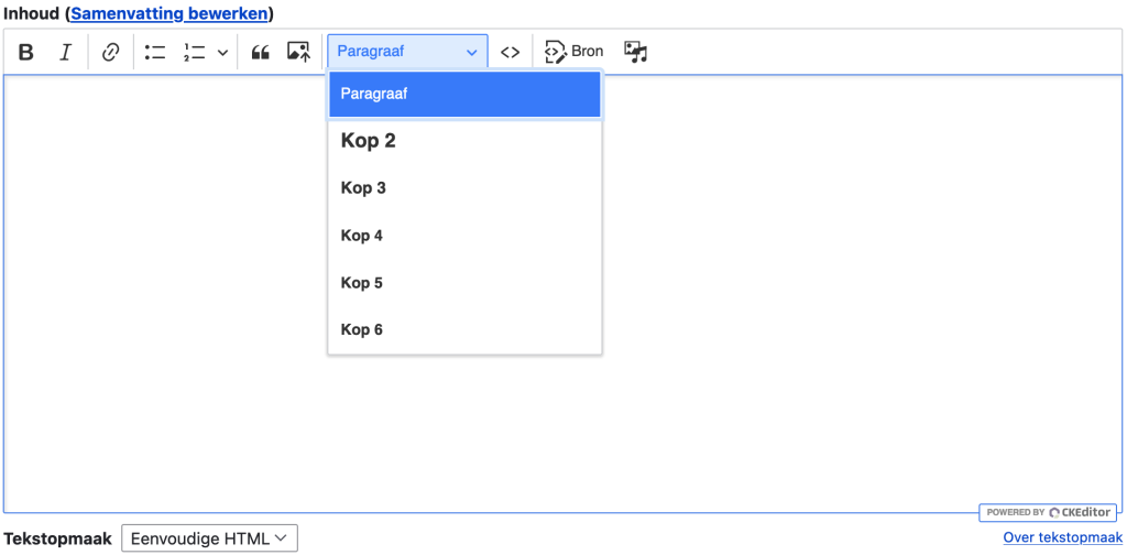 Schermafbeelding van de standaard CKEditor in Drupal, waarbij de Paragraaf-selectielijst is uitgeklapt en de beschikbare koppen (h2 t/m h6) worden weergegeven