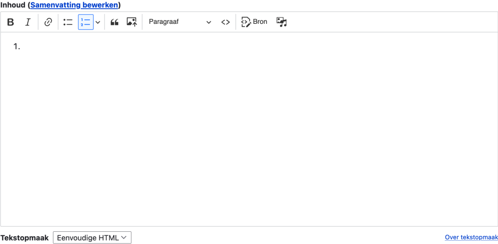 Schermafbeelding van de standaard CKEditor in Drupal, waarbij de knop voor een genummerde lijst is geselecteerd