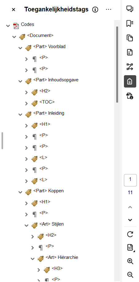 Screenshot van het toegankelijkheidstags-paneel in Adobe Acrobat.
