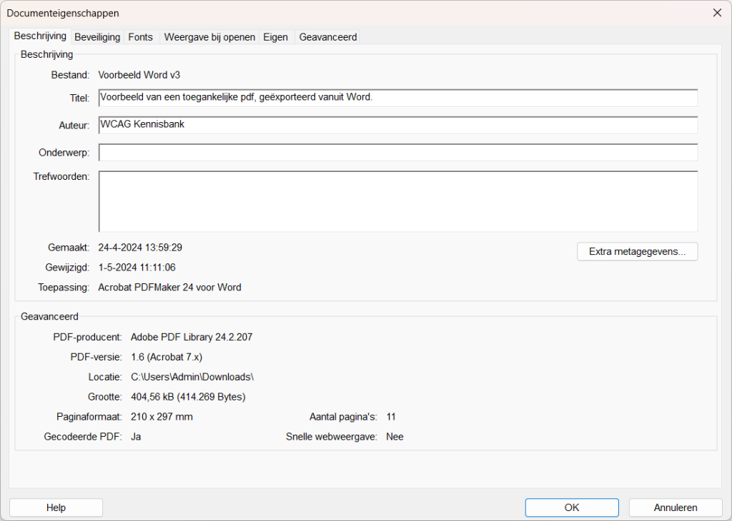 Screenshot van het 'Beschrijving' tabblad in het documenteigenschappen-venster in Adobe Acrobat.
