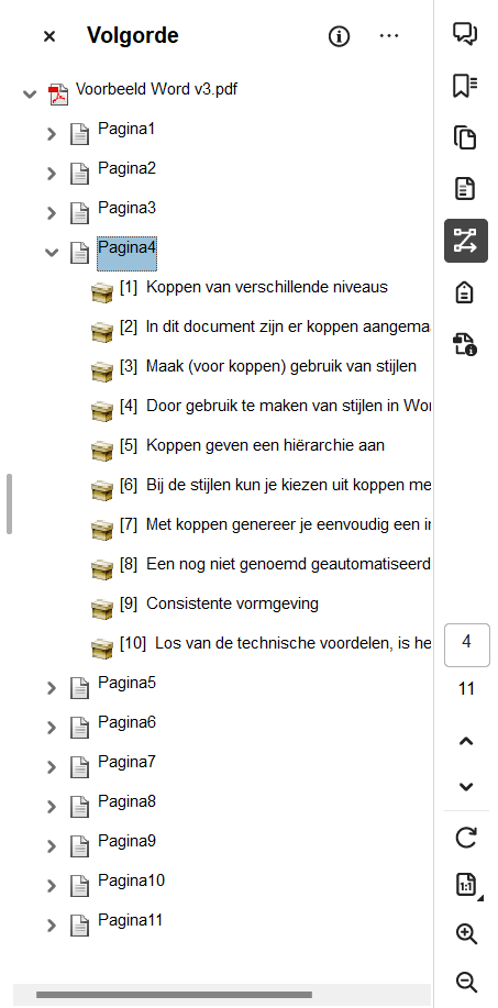 Screenshot van het volgorde-paneel in Adobe Acrobat.