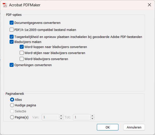 Screenshot van het AcrobatPDFMaker-venster in Microsoft Word.