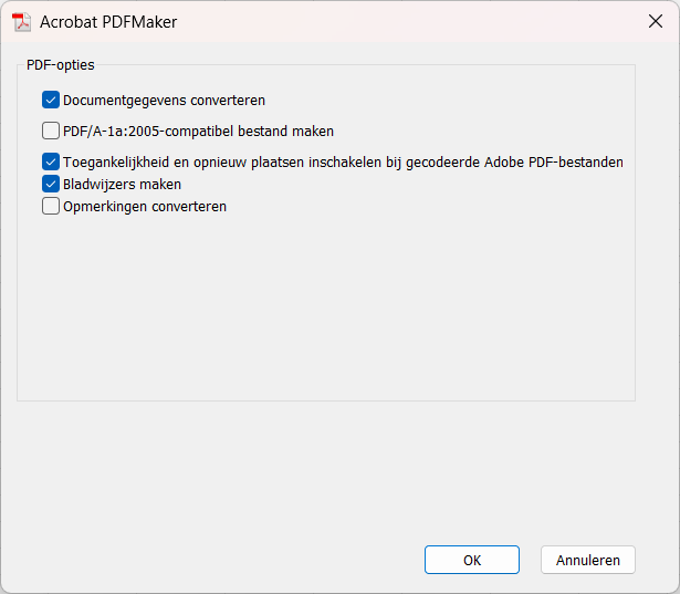 Screenshot van het Adobe PDFMaker-venster in Microsoft Excel.