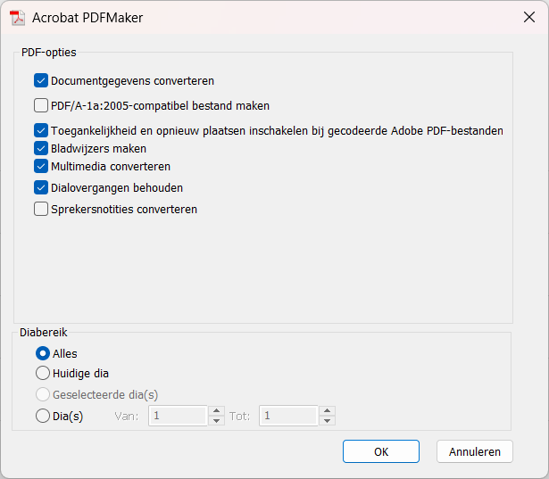 Screenshot van het Acrobat PDFMaker-venster in Microsoft PowerPoint.