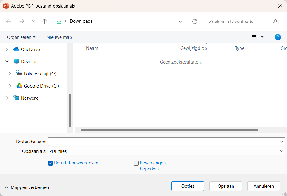 Screenshot van het Adobe PDF-bestand opslaan als-venster in Microsoft PowerPoint.