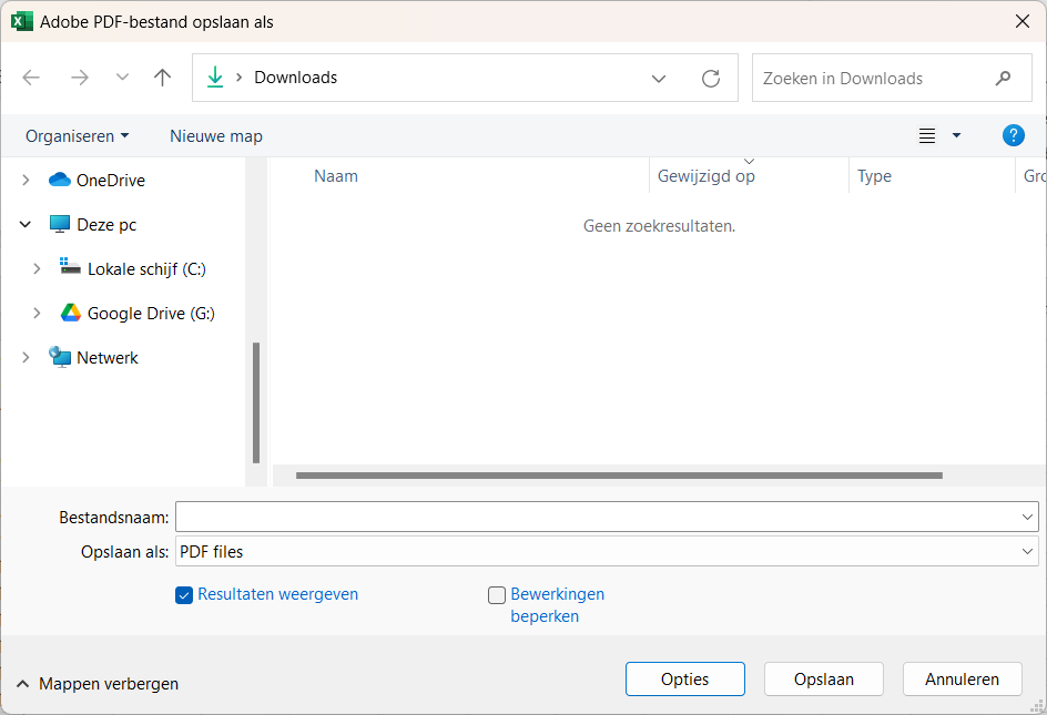 Screenshot van het Adobe PDF-bestand opslaan als-venster in Microsoft Excel.