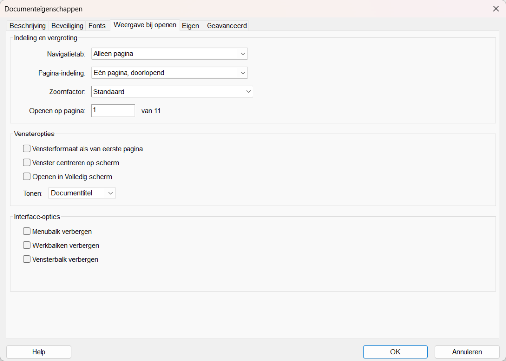 Screenshot van het 'Weergave bij openen' tabblad van het documenteigenschappen-venster in Adobe Acrobat.