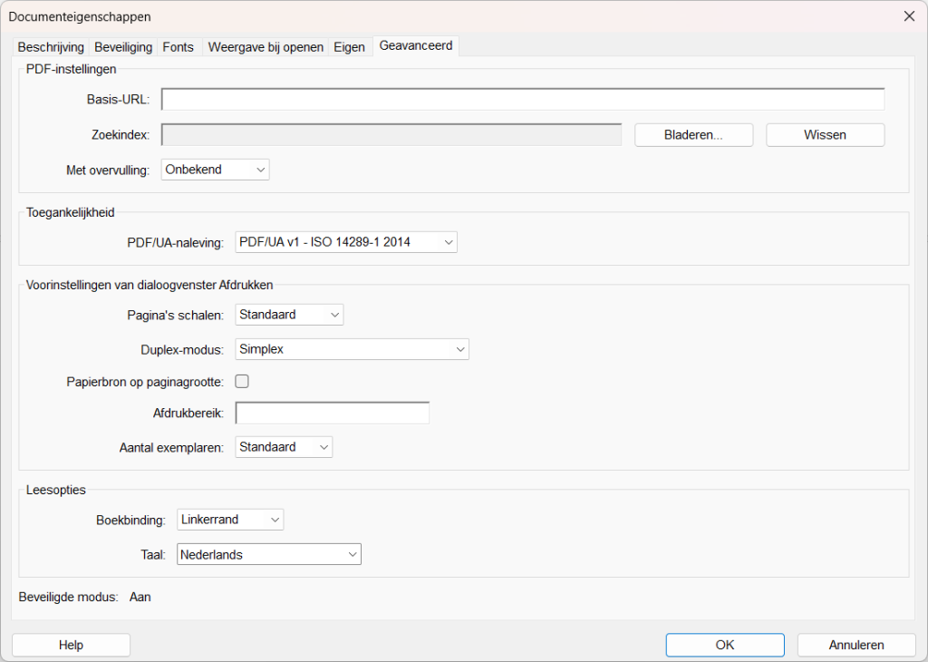 Screenshot van het 'Geavanceerd' tabblad van het documenteigenschappen-venster in Adobe Acrobat.
