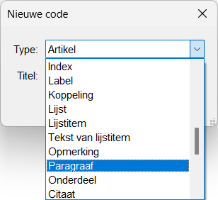 Screenshot van het nieuwe code-venster in Adobe Acrobat, waarbij de optie 'Paragraaf' geselecteerd is.