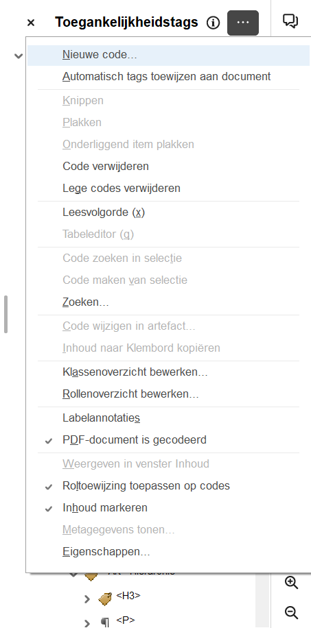 Screenshot van het toegankelijkheidstags-paneel in Adobe Acrobat waarbij de optie 'Nieuwe code...' is geselecteerd.