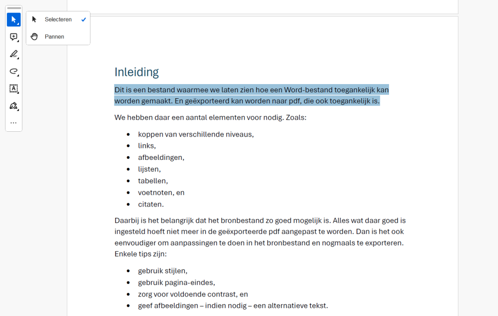 Screenshot van een stuk geselecteerde tekst met de selectietool in Adobe Acrobat.