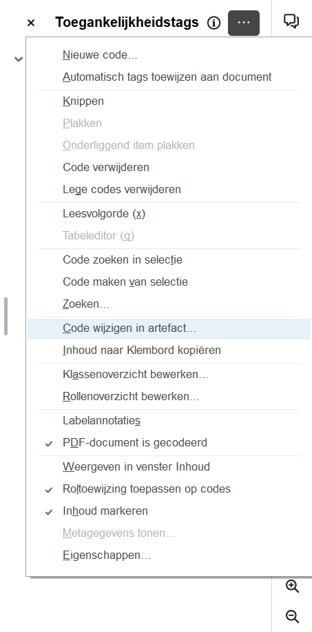 Screenshot van het toegankelijkheidstags-paneel in Adobe Acrobat, geselecteerd op 'Code wijzigen in artefact...'.