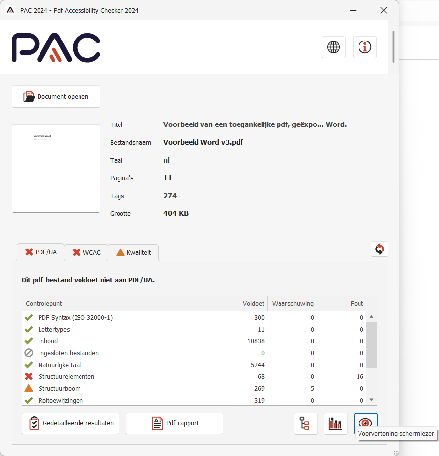 Screenshot van PAC2021, waarbij de 'Voorvertoning schermlezer'-knop is geselecteerd.