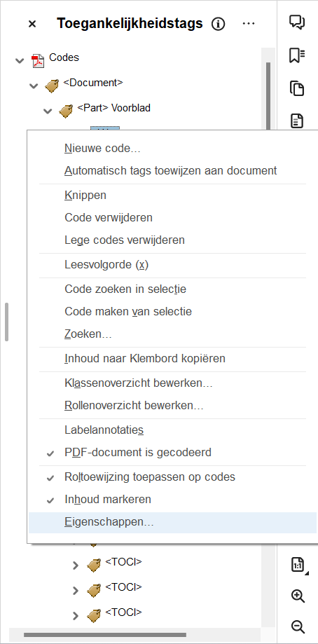 Screenshot van het toegankelijkheidstags-paneel in Adobe Acrobat, waarbij de optie 'Eigenschappen...' wordt geselecteerd.