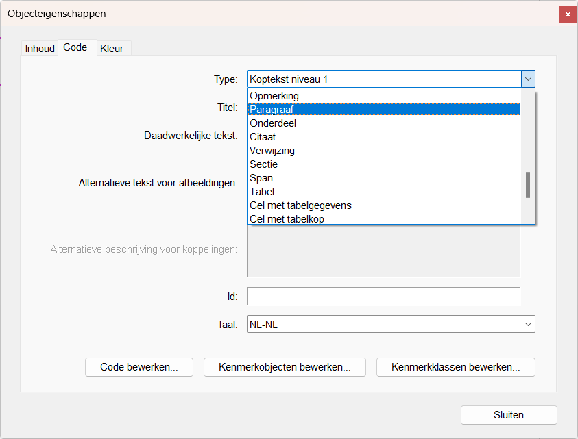 Screenshot van het objecteigenschappen-venster in Adobe Acrobat. Op het tabblad 'Code' wordt het tagtype gewijzigd van 'Koptekst niveau 1' naar 'Paragraaf'.