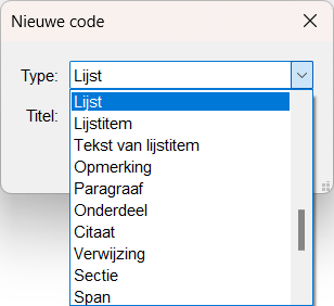 Screenshot van het nieuwe code-venster in Adobe Acrobat waarbij de optie 'Lijst' is geselecteerd.