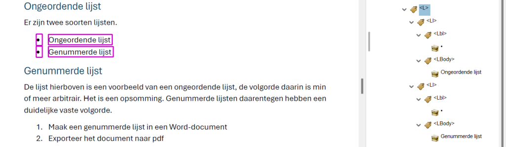 Screenshot van een accuraat getagde lijst in Adobe Acrobat.