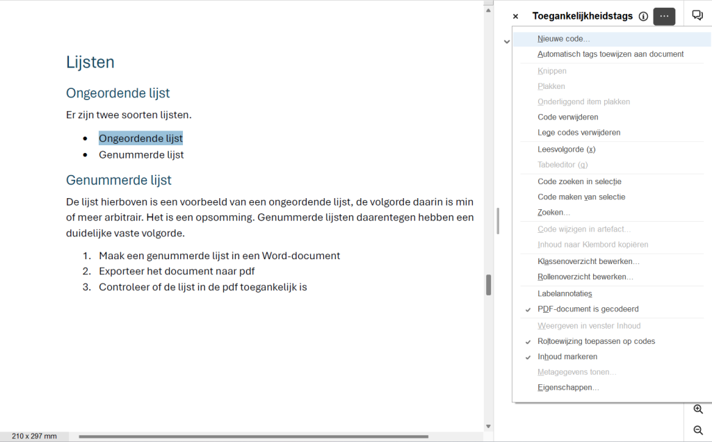 Screenshot waarbij de tekst van een lijstitem is geselecteerd.