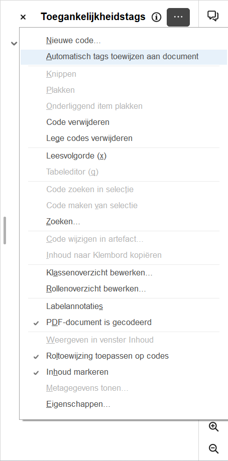 Screenshot van het toegankelijkheidstags-paneel in Adobe Acrobat, waarbij de optie 'Automatisch tags toewijzen aan document' is geselecteerd.