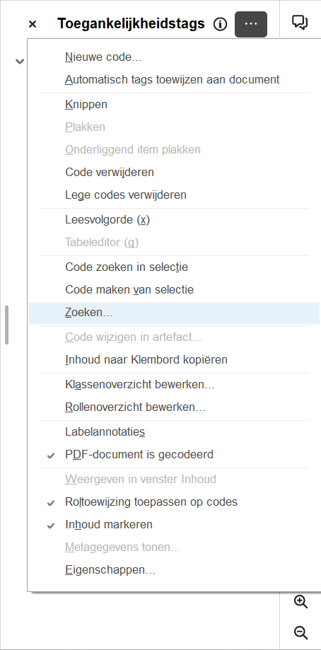 Screenshot van het toegankelijkheidstags-paneel in Adobe Acrobat, waarbij de optie 'Zoeken...' is geselecteerd.