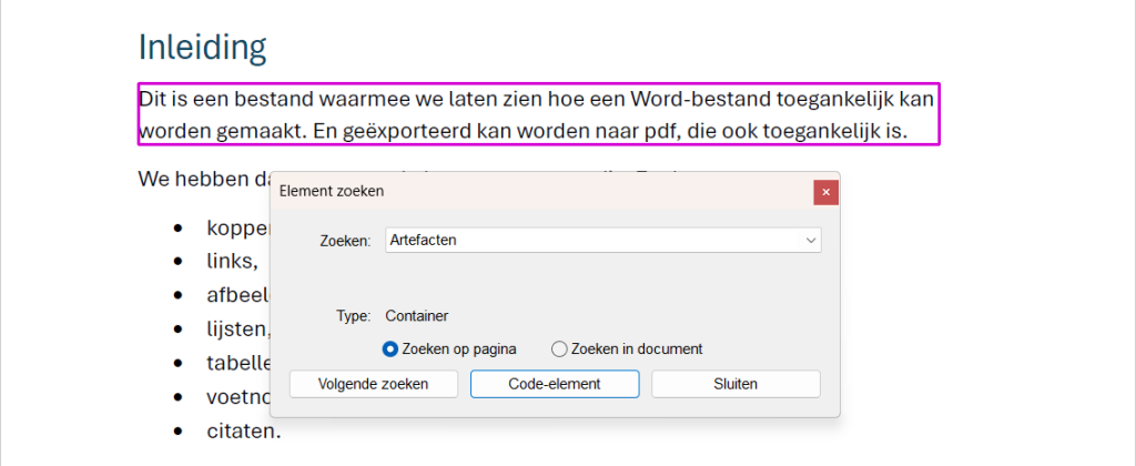 Screenshot van het element zoeken-venster in Adobe Acrobat. Een stuk tekst dat als artefact is gemarkeerd, is hierdoor weer zichtbaar.