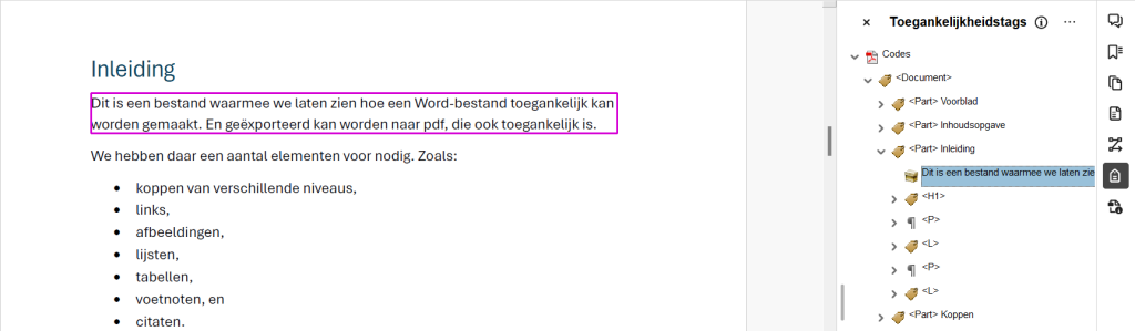 Screenshot van het toegankelijkheidstags-paneel in Adobe Acrobat, waarin te zien is dat een stuk dat als artefact gemarkeerd was, weer in het paneel als content te zien is.