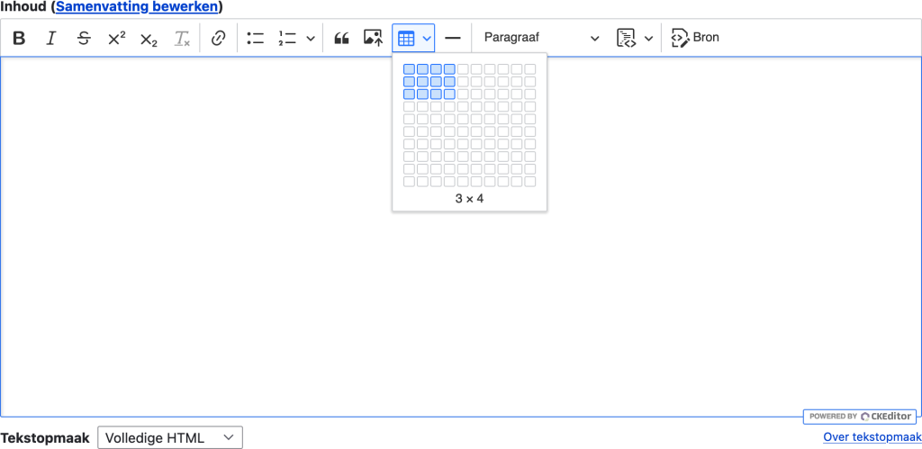 Schermafbeelding van de standaard CKEditor in Drupal, waarbij de knop voor een tabel is geselecteerd waarbij in de fly-out een structuur van 3 × 4 is geselecteerd