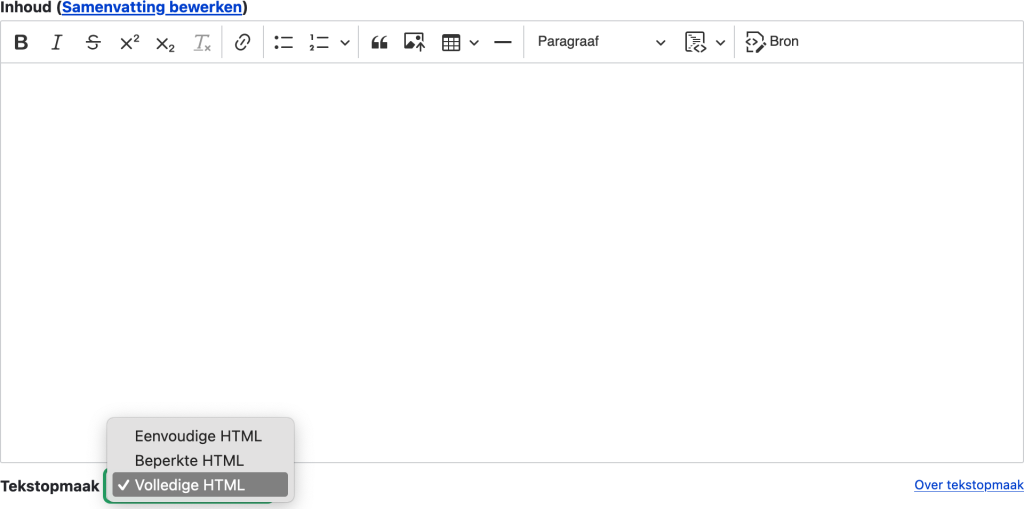 Schermafbeelding van de standaard CKEditor in Drupal, waarbij in de selectielijst onder de editor de optie Volledige HTML is geselecteerd