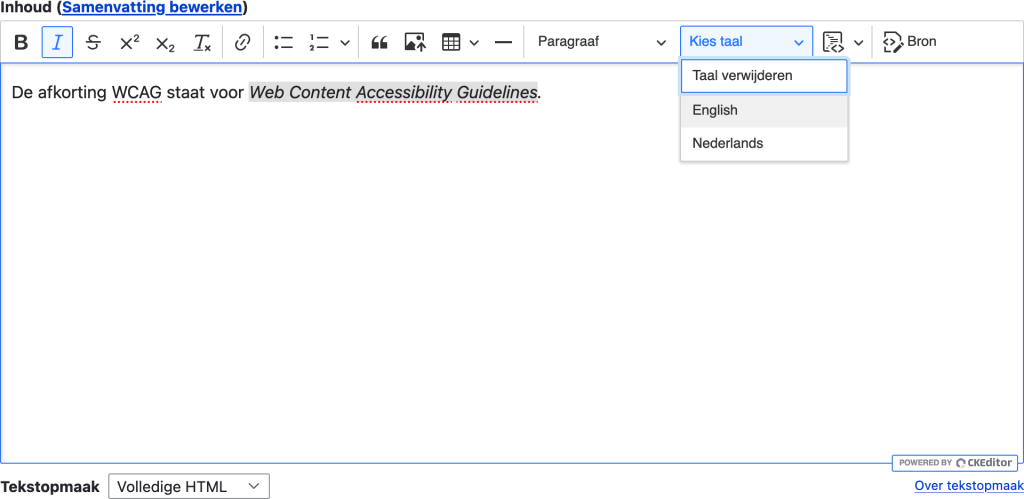 De CKEditor in Drupal, waar voor de geselecteerde tekst de taal als Engels ingesteld wordt.