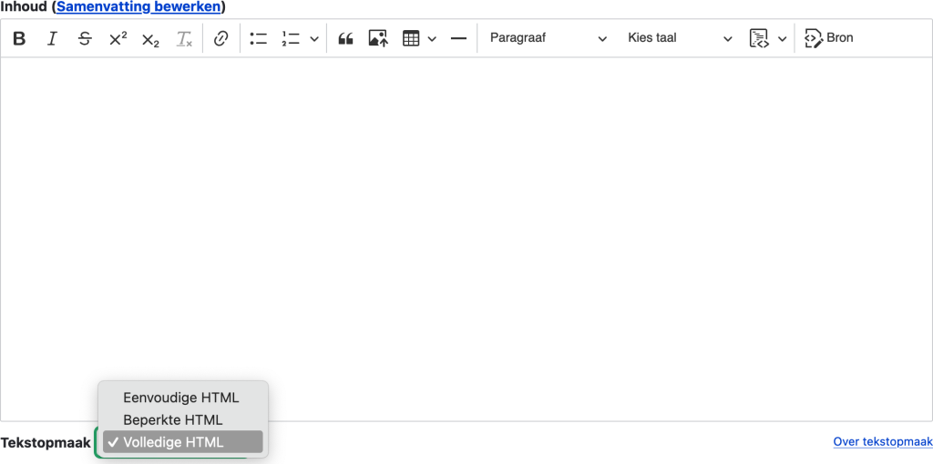 De standaard CKEditor in Drupal, waarbij in de selectielijst onder de editor de optie Volledige HTML is geselecteerd zodat een taal gekozen kan worden.